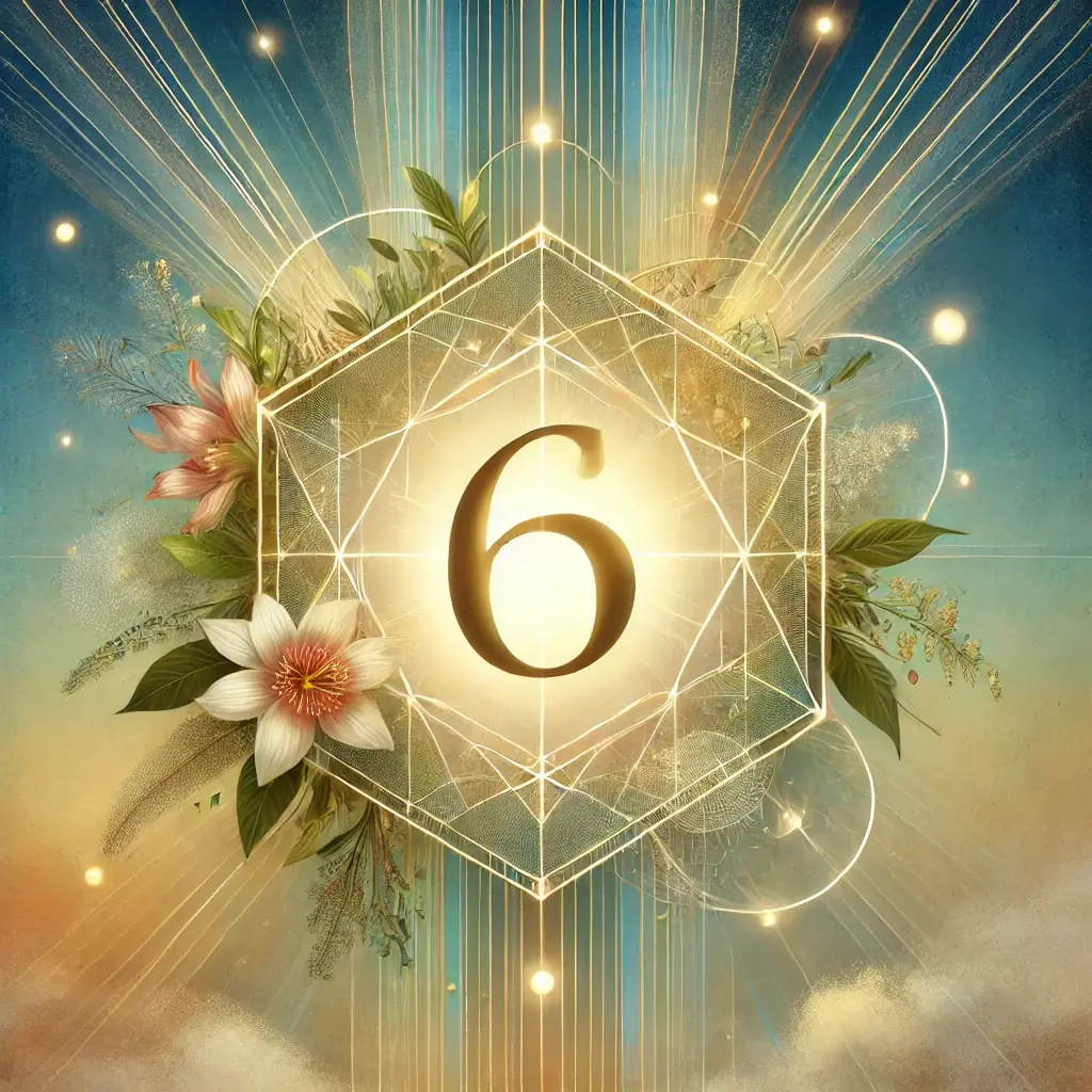 Imagem conceitual digital com o número 6 dourado em destaque, cercado por padrões florais suaves, feixes de luz radiante e formas geométricas equilibradas. O fundo apresenta um gradiente sereno de azul, verde e dourado, simbolizando harmonia, amor e estabilidade emocional.
