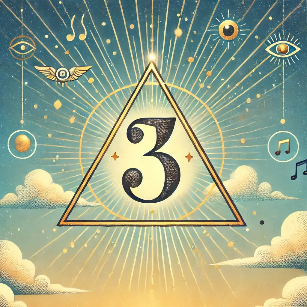 Imagem clara com um número 3 dourado envolvido por um triângulo luminoso, fundo azul com raios dourados, e símbolos de criatividade como pincéis e notas musicais, simbolizando o significado espiritual do número 3.