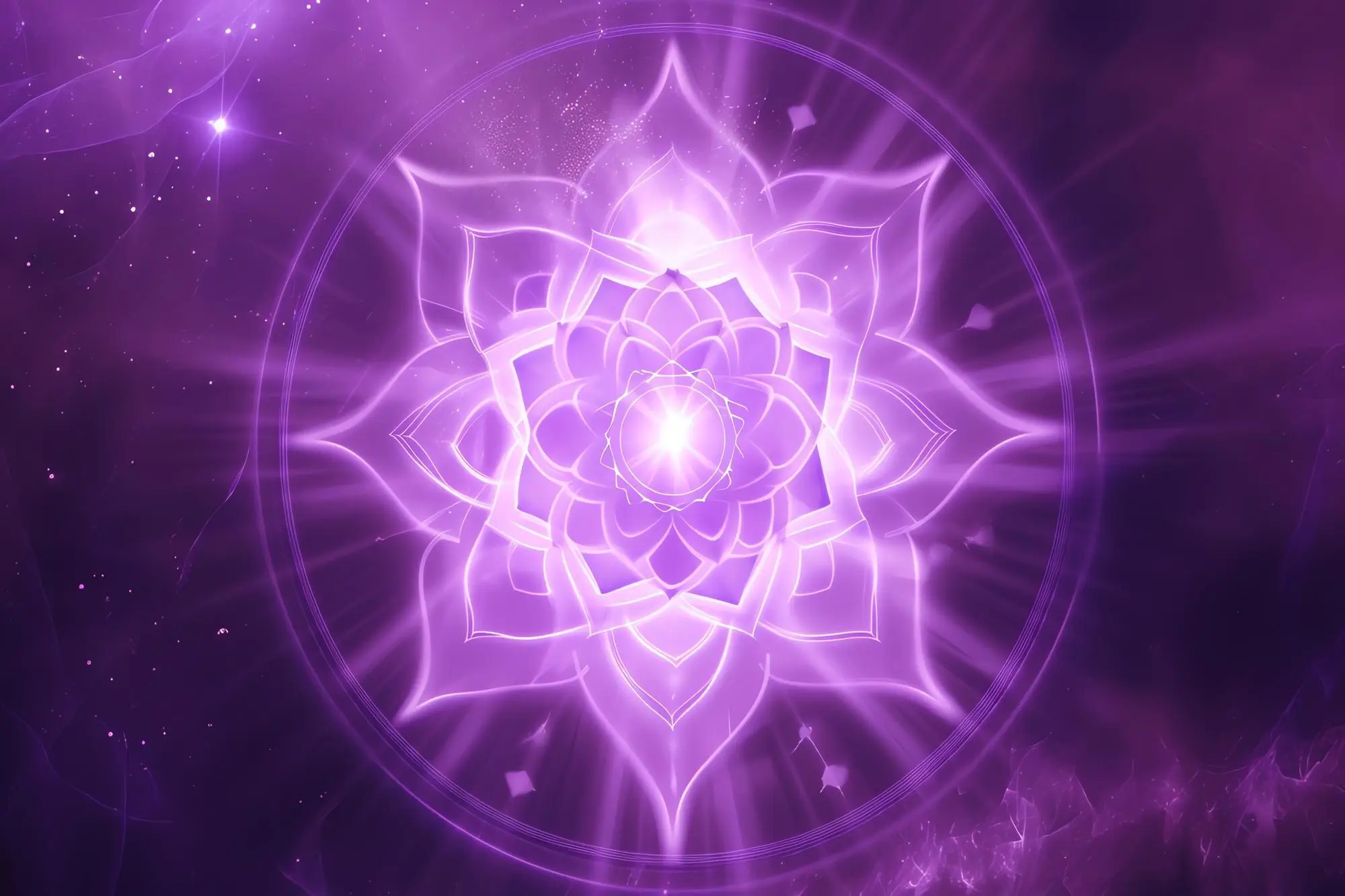 Imagem vibrante do símbolo do chakra coronário em tons de violeta, representando a flor de lótus de mil pétalas, símbolo da conexão espiritual e expansão da consciência.