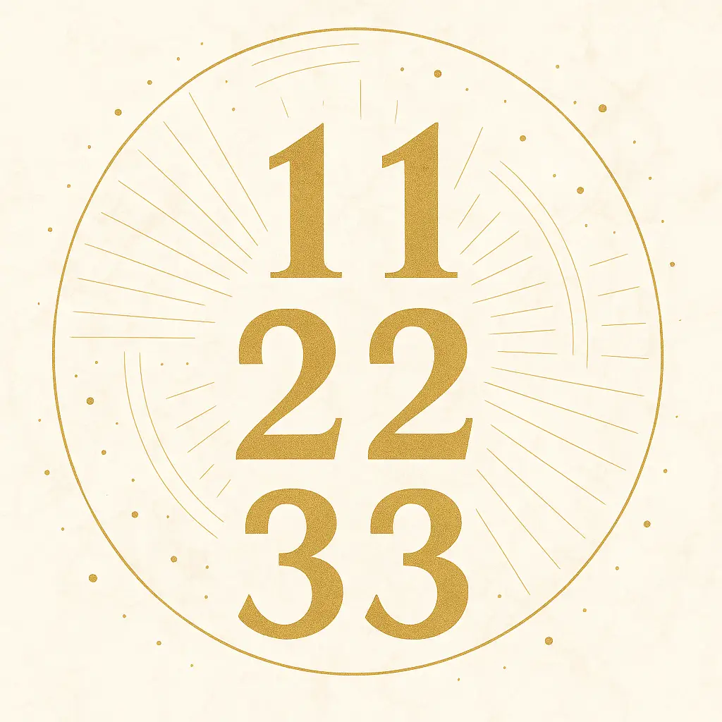 Imagem mística com fundo claro e os números mestres 11, 22 e 33 em dourado, rodeados por linhas radiantes e círculos dourados.